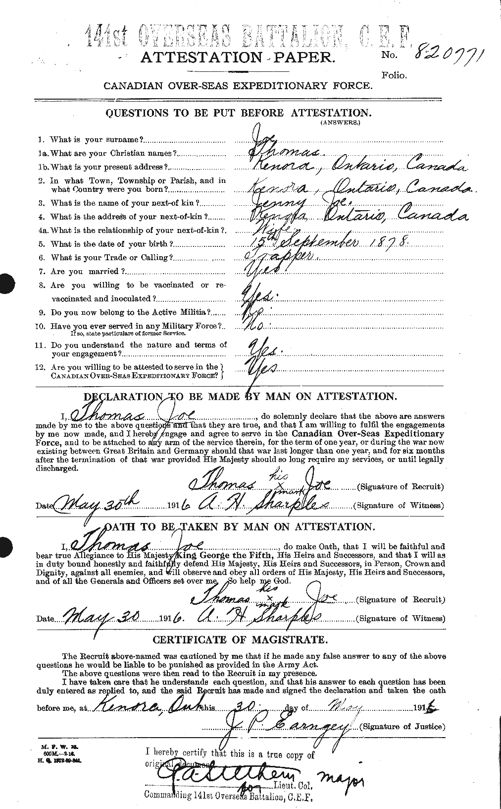 Dossiers du Personnel de la Première Guerre mondiale - CEC 420125a