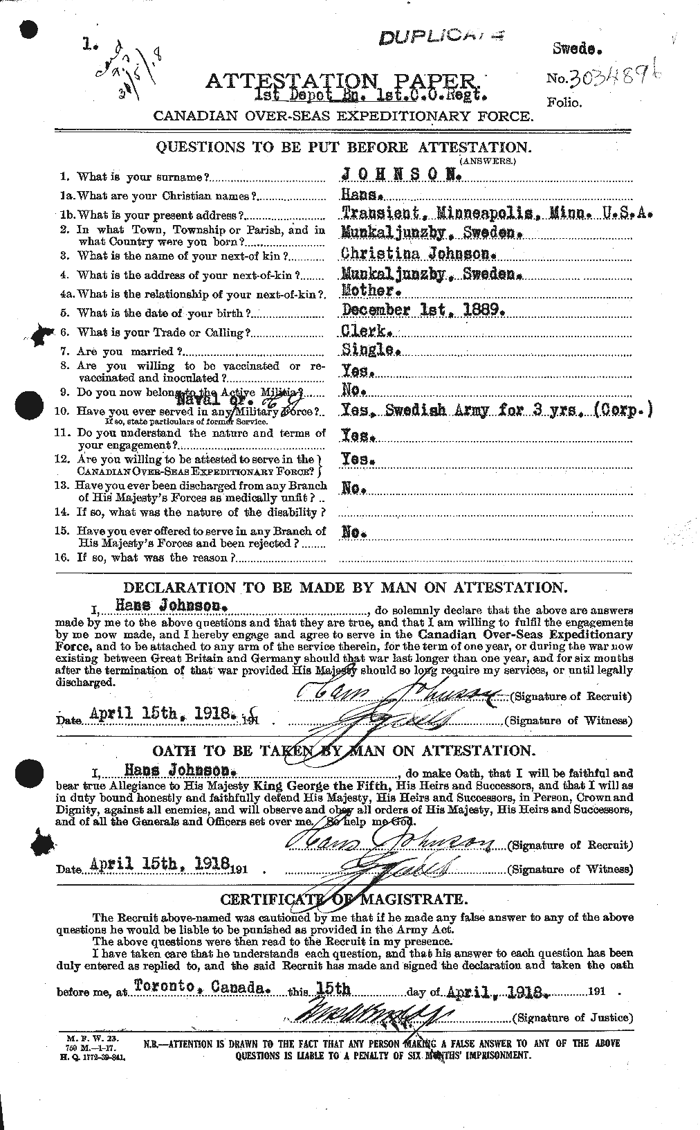 Dossiers du Personnel de la Première Guerre mondiale - CEC 420409a