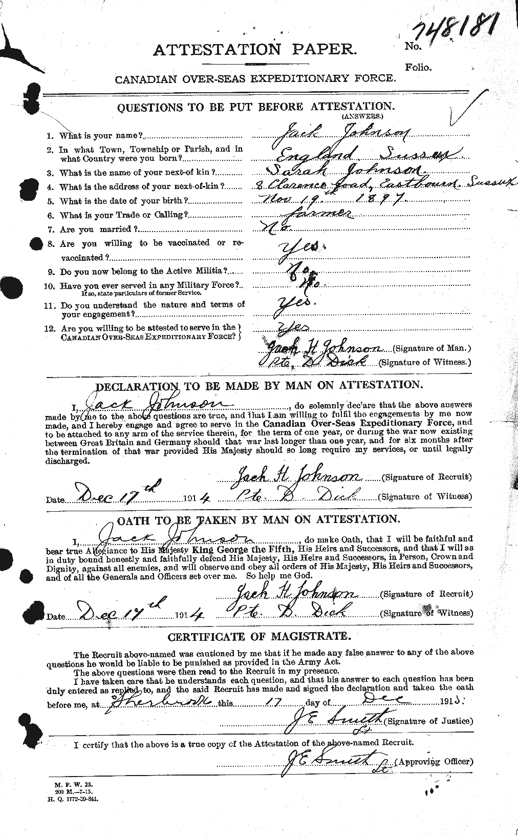 Dossiers du Personnel de la Première Guerre mondiale - CEC 420584a