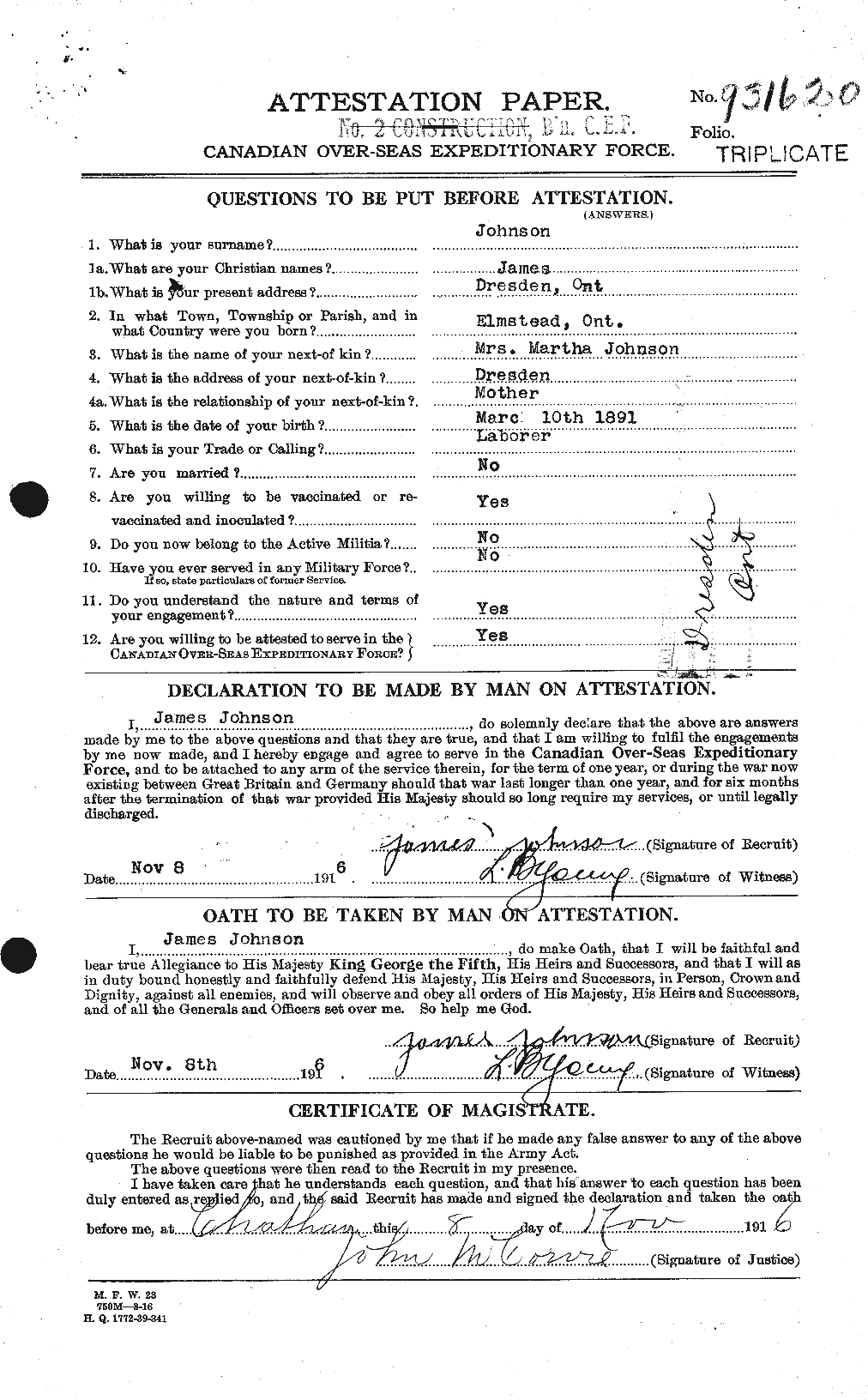 Dossiers du Personnel de la Première Guerre mondiale - CEC 420616a