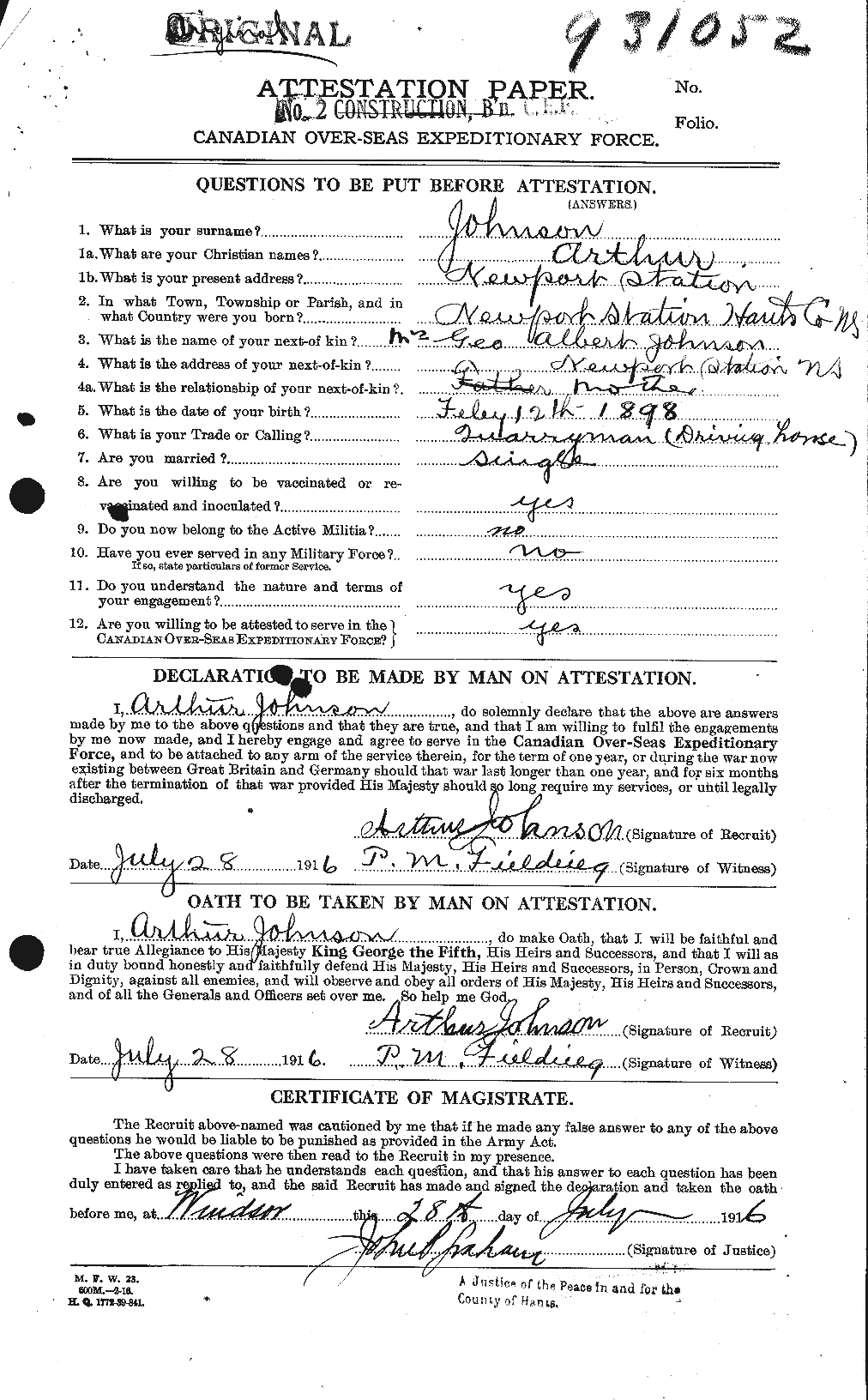 Dossiers du Personnel de la Première Guerre mondiale - CEC 421248a