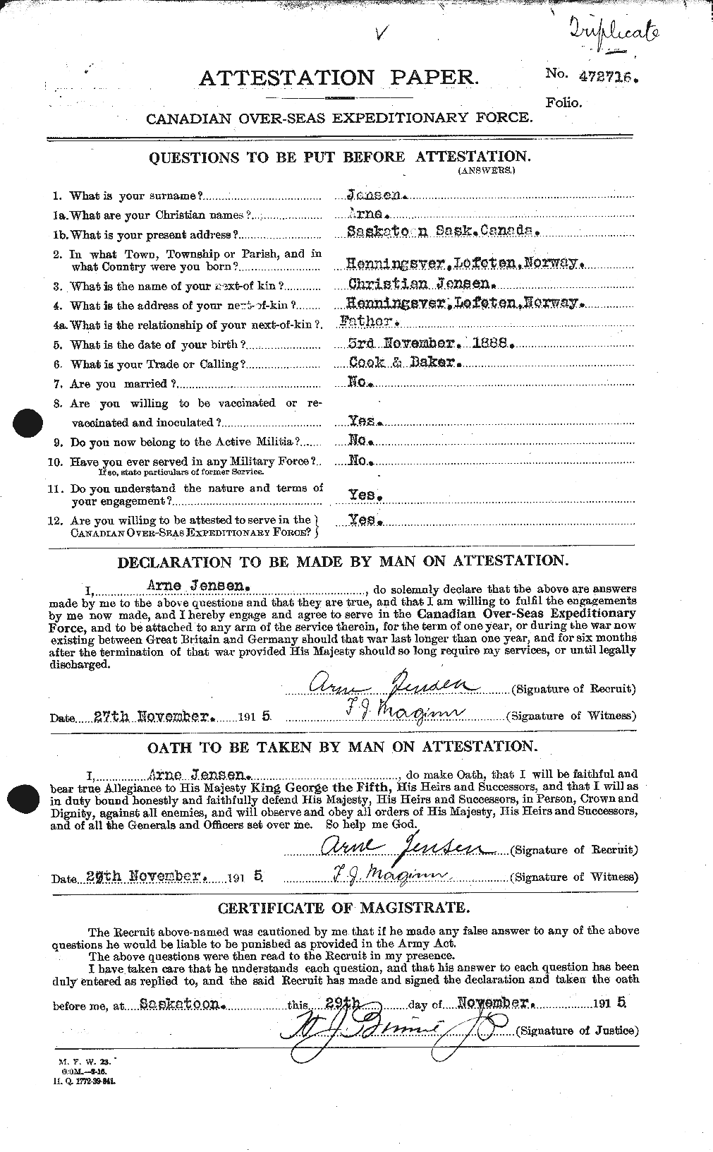 Dossiers du Personnel de la Première Guerre mondiale - CEC 421541a