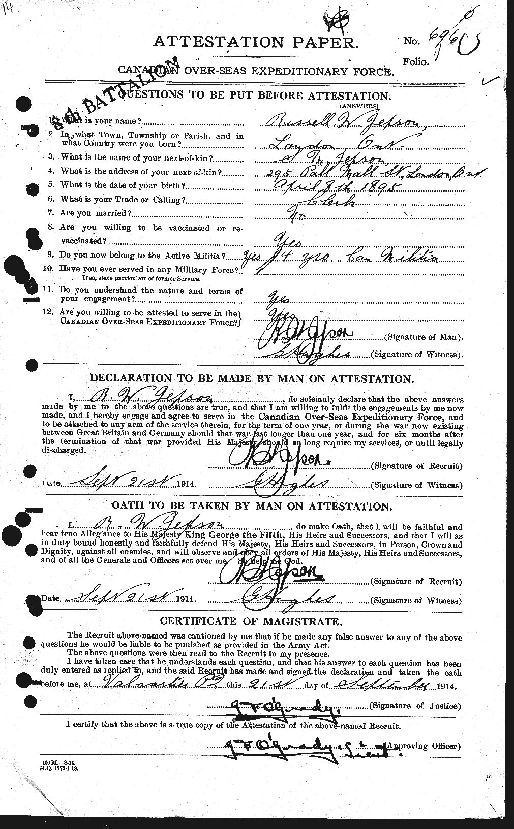 Dossiers du Personnel de la Première Guerre mondiale - CEC 421709a
