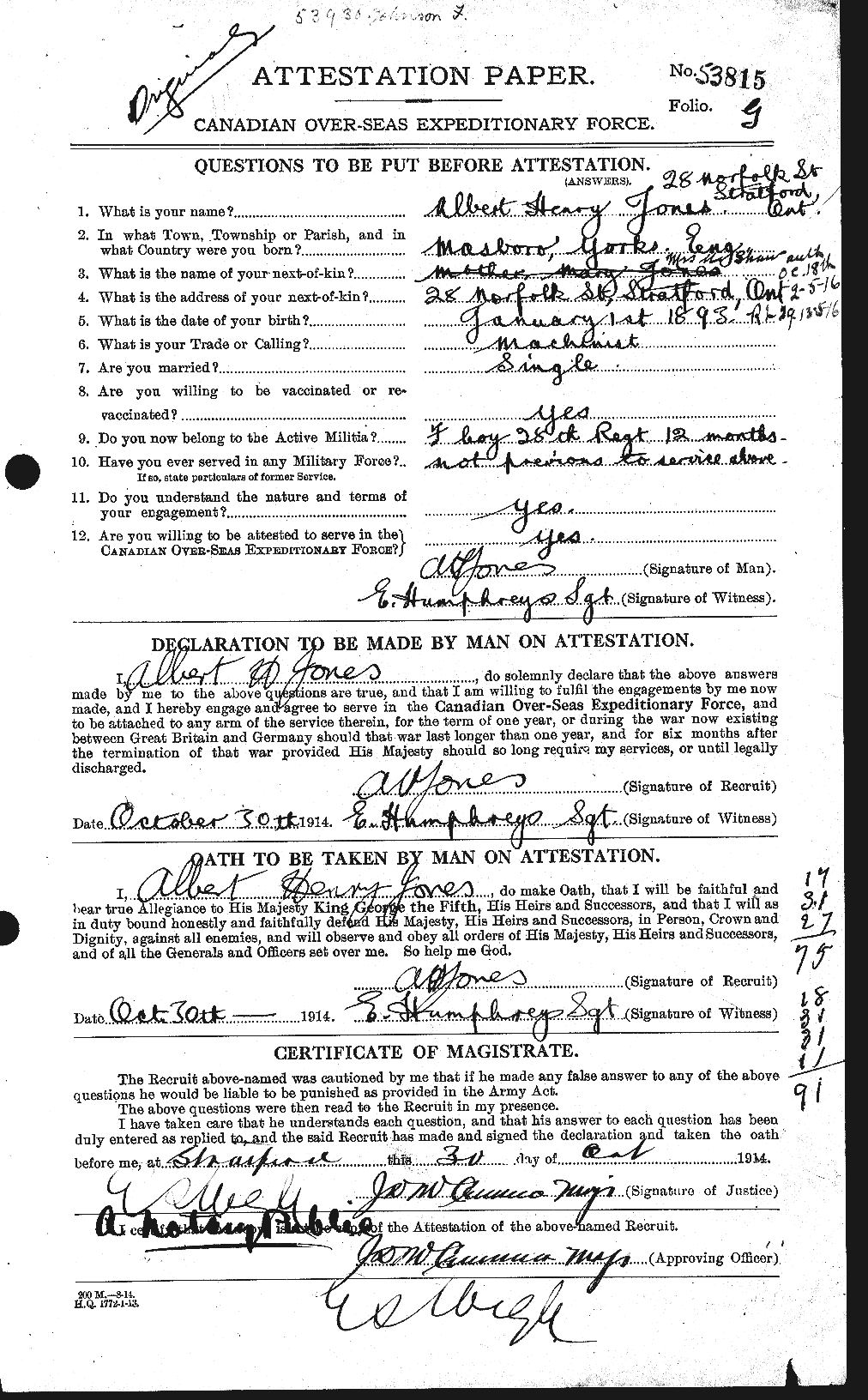 Dossiers du Personnel de la Première Guerre mondiale - CEC 422467a