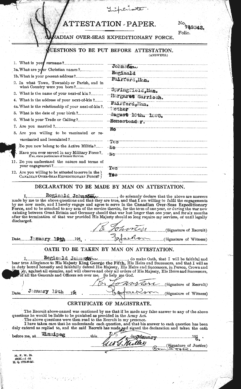 Dossiers du Personnel de la Première Guerre mondiale - CEC 423058a