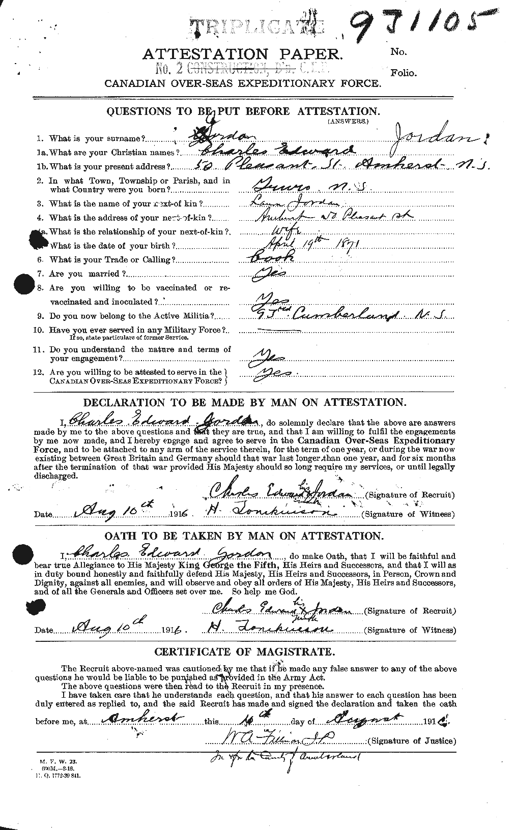 Dossiers du Personnel de la Première Guerre mondiale - CEC 424265a