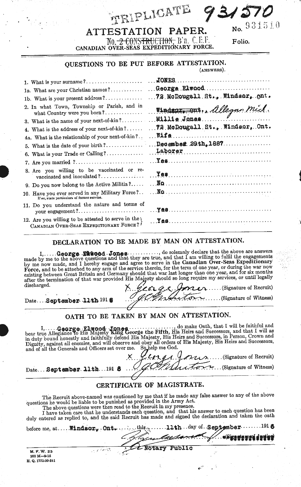 Dossiers du Personnel de la Première Guerre mondiale - CEC 425234a