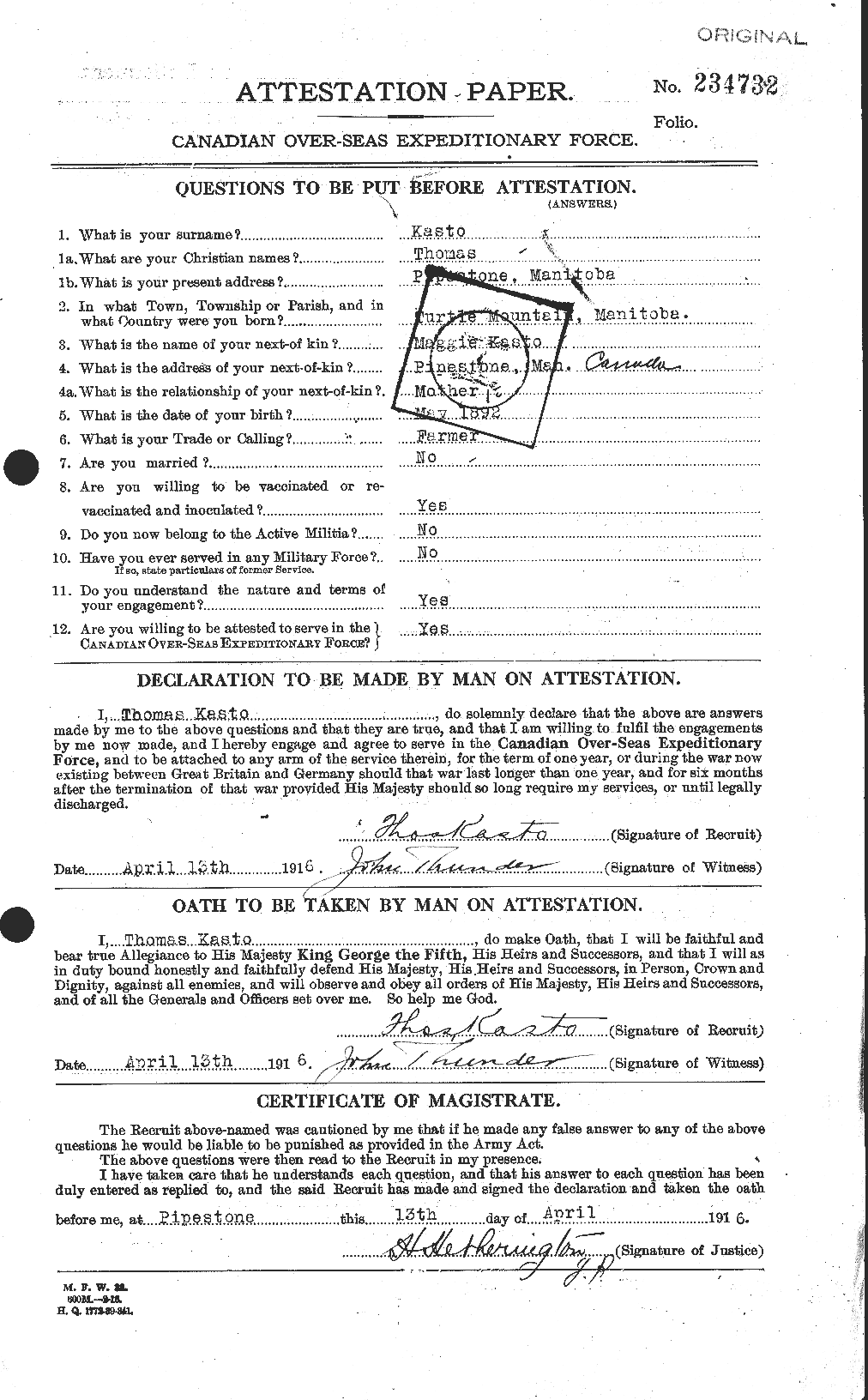 Dossiers du Personnel de la Première Guerre mondiale - CEC 425682a