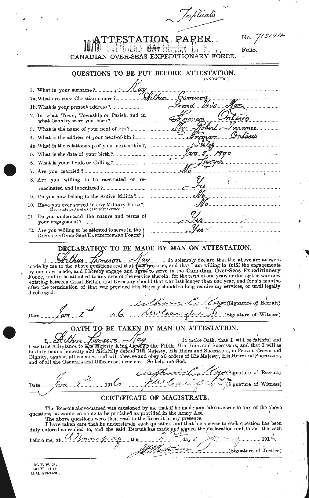 Dossiers du Personnel de la Première Guerre mondiale - CEC 425890a