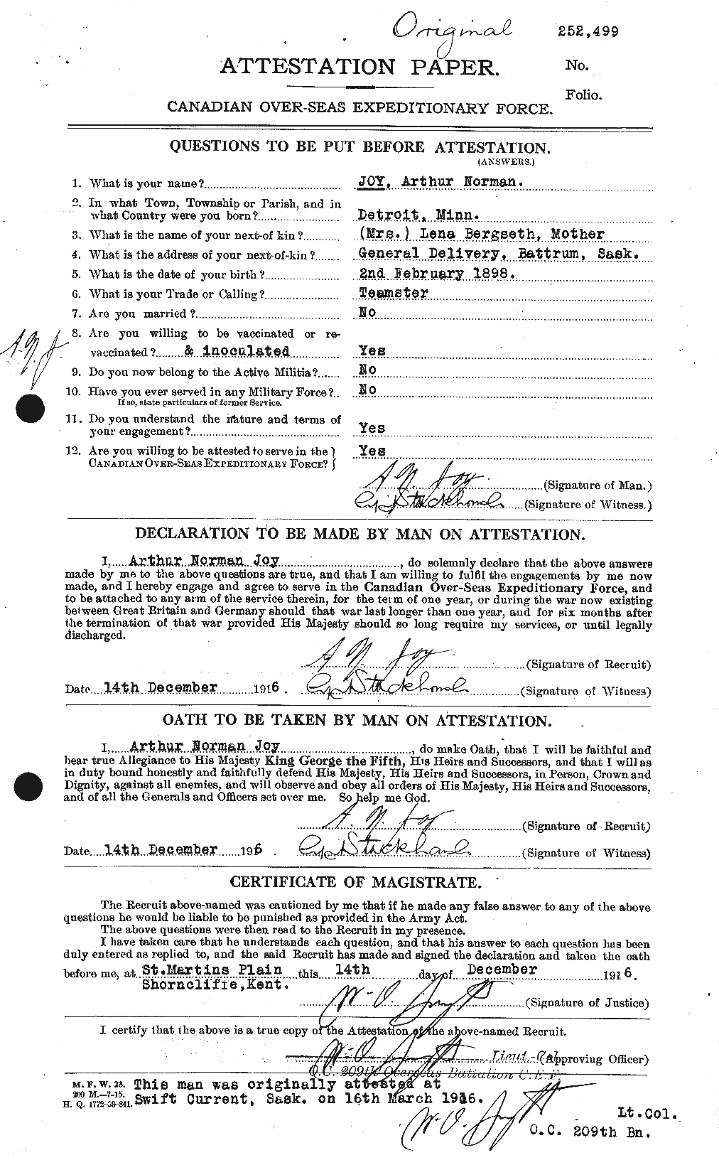 Dossiers du Personnel de la Première Guerre mondiale - CEC 426355a