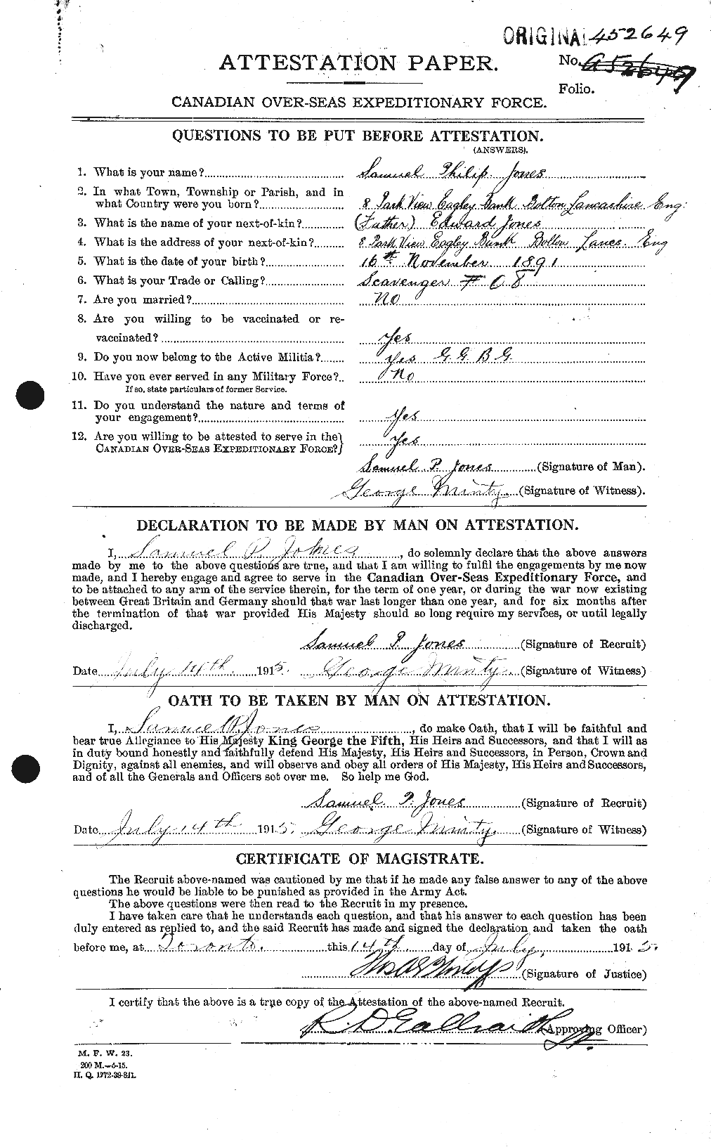 Dossiers du Personnel de la Première Guerre mondiale - CEC 426508a