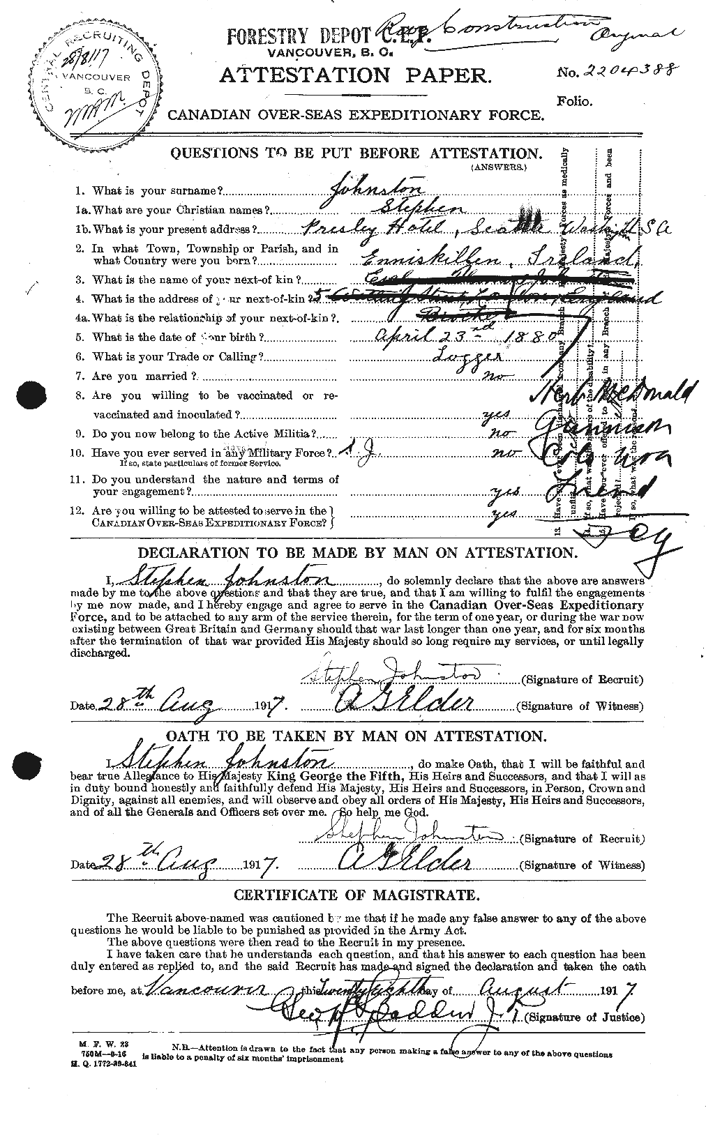 Personnel Records of the First World War - CEF 427108a