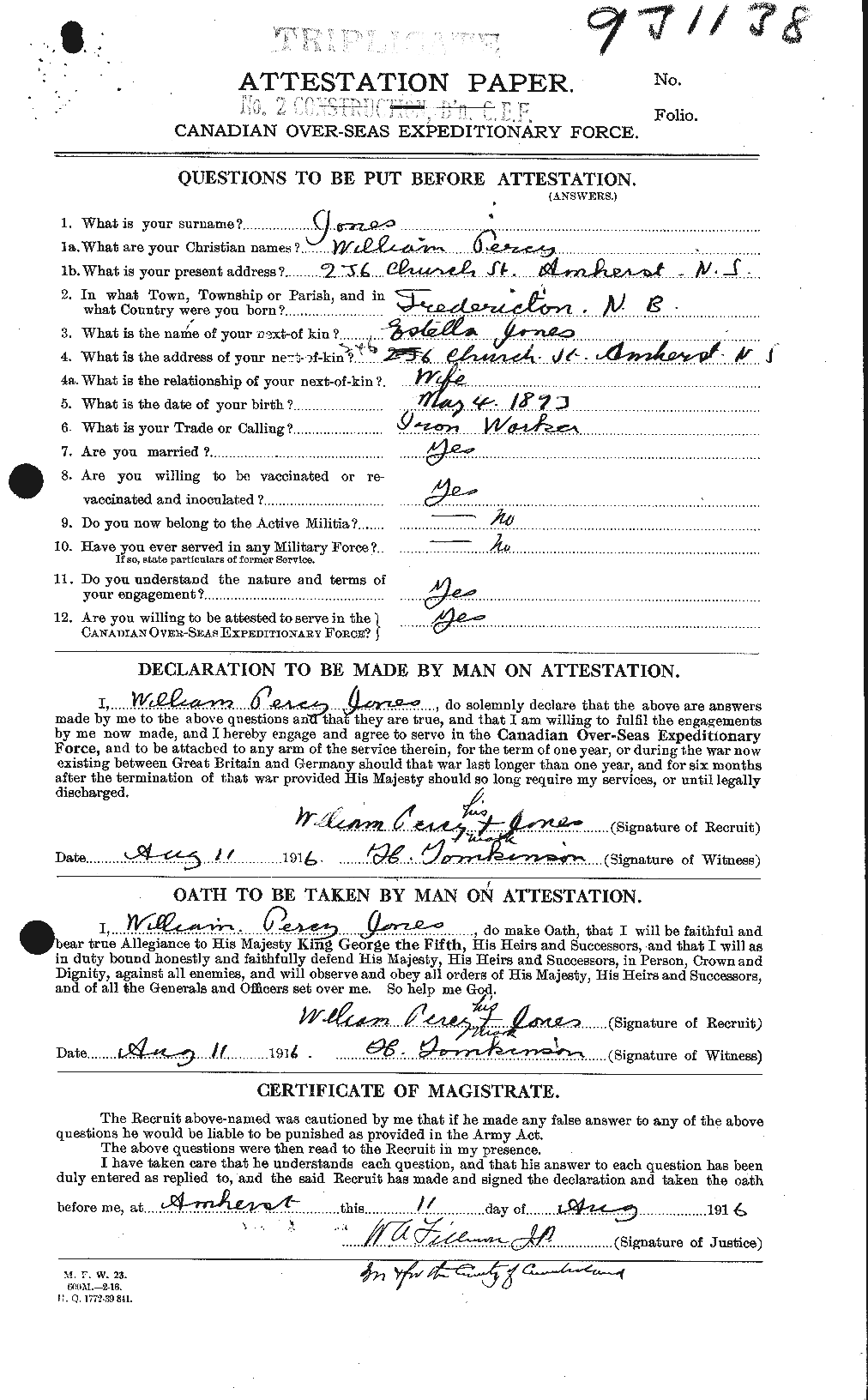 Dossiers du Personnel de la Première Guerre mondiale - CEC 428606a