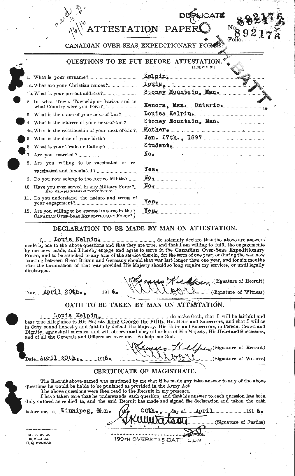 Dossiers du Personnel de la Première Guerre mondiale - CEC 429904a