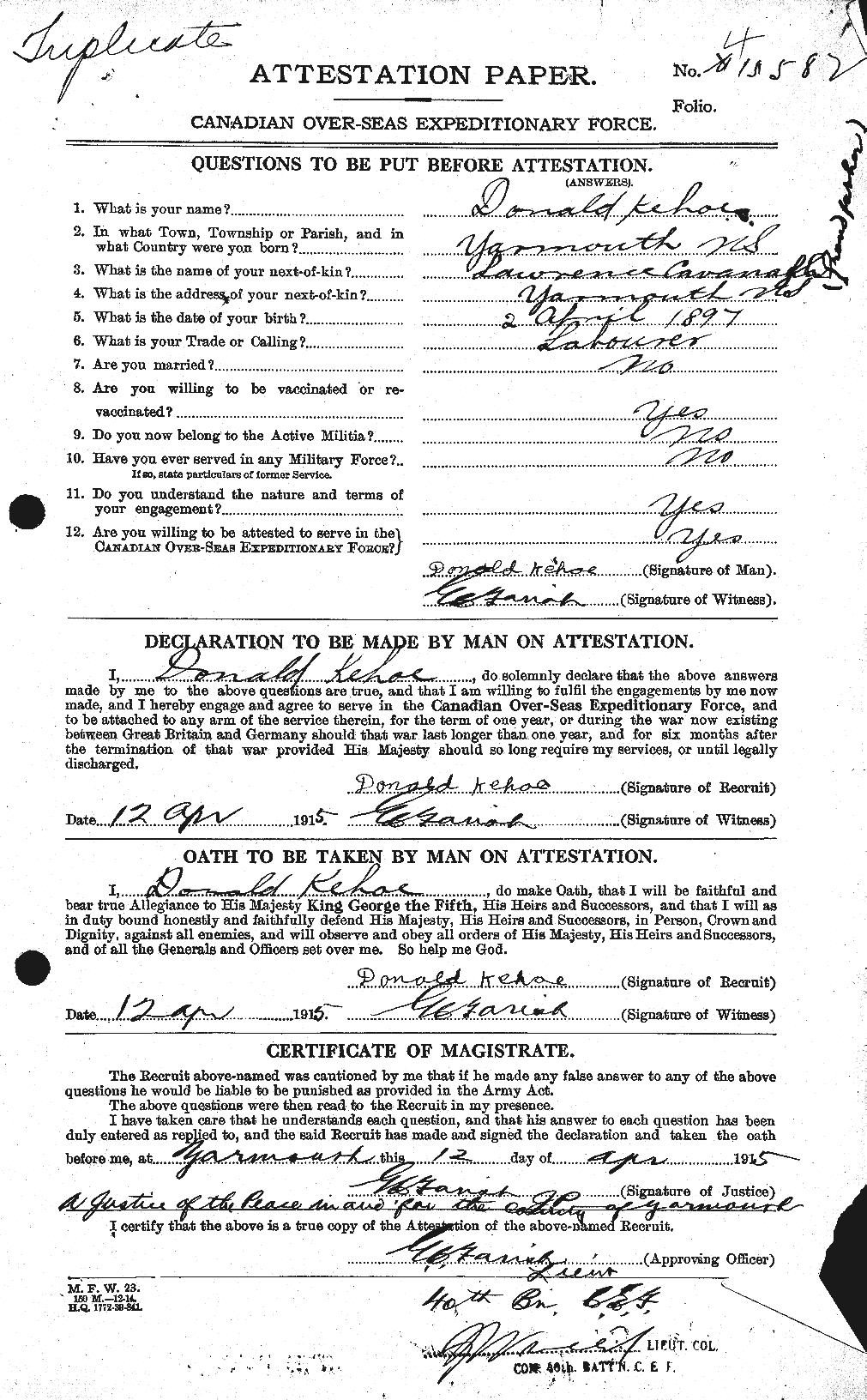 Dossiers du Personnel de la Première Guerre mondiale - CEC 430367a
