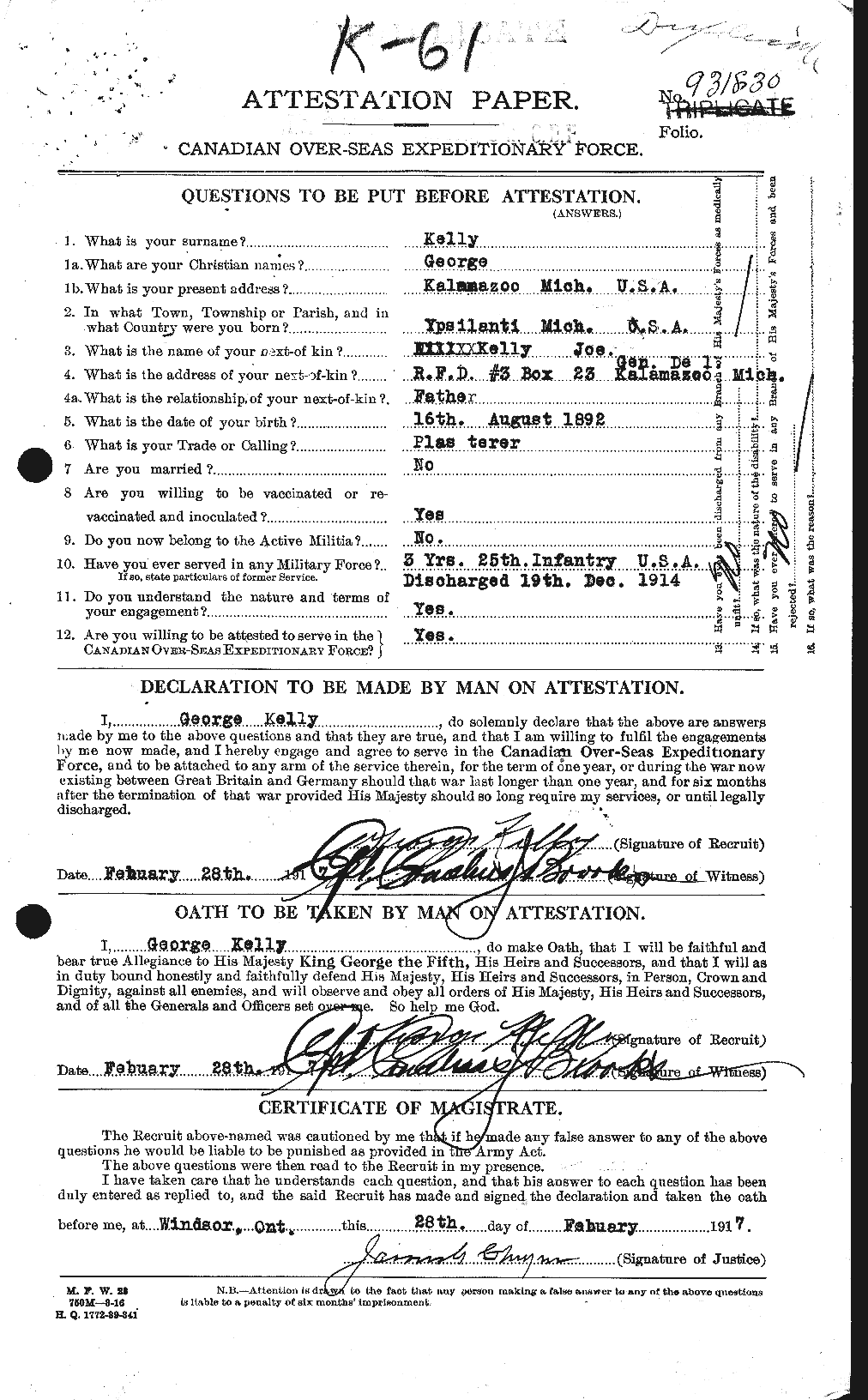 Dossiers du Personnel de la Première Guerre mondiale - CEC 431464a