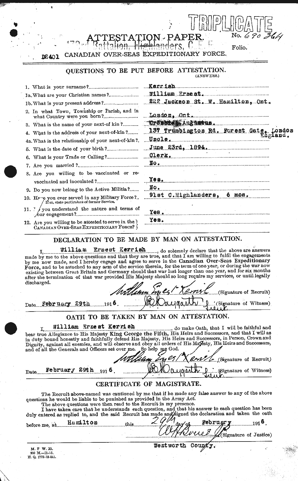 Dossiers du Personnel de la Première Guerre mondiale - CEC 431794a