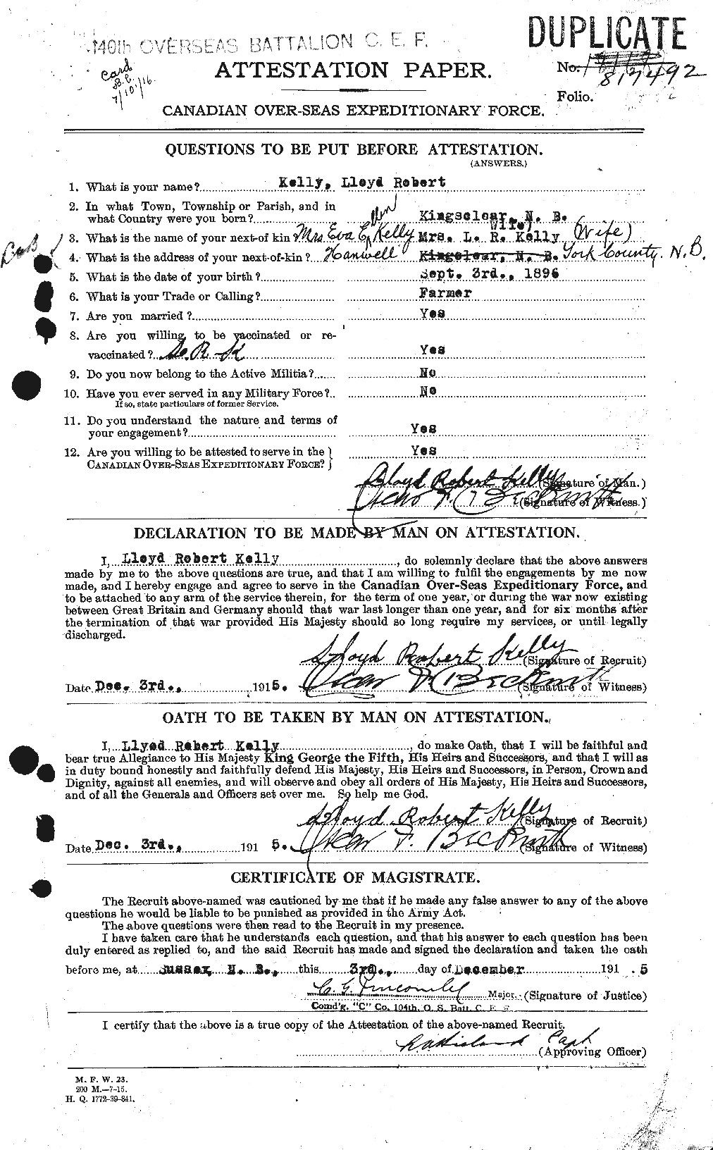 Dossiers du Personnel de la Première Guerre mondiale - CEC 433660a