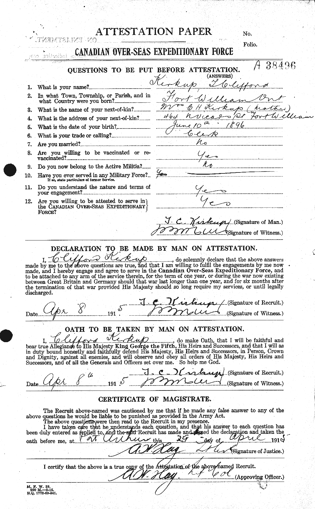 Dossiers du Personnel de la Première Guerre mondiale - CEC 436156a