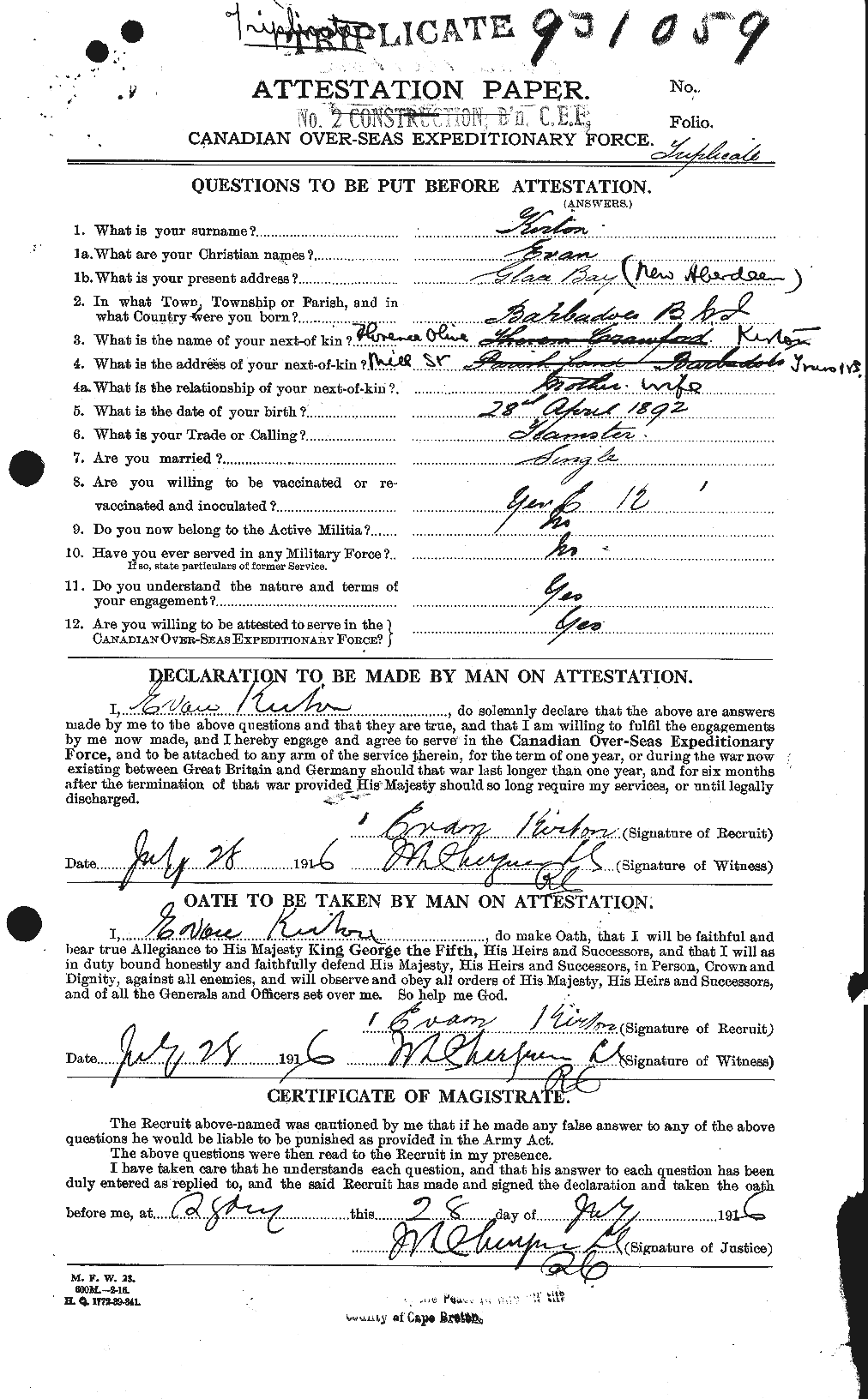 Dossiers du Personnel de la Première Guerre mondiale - CEC 436274a