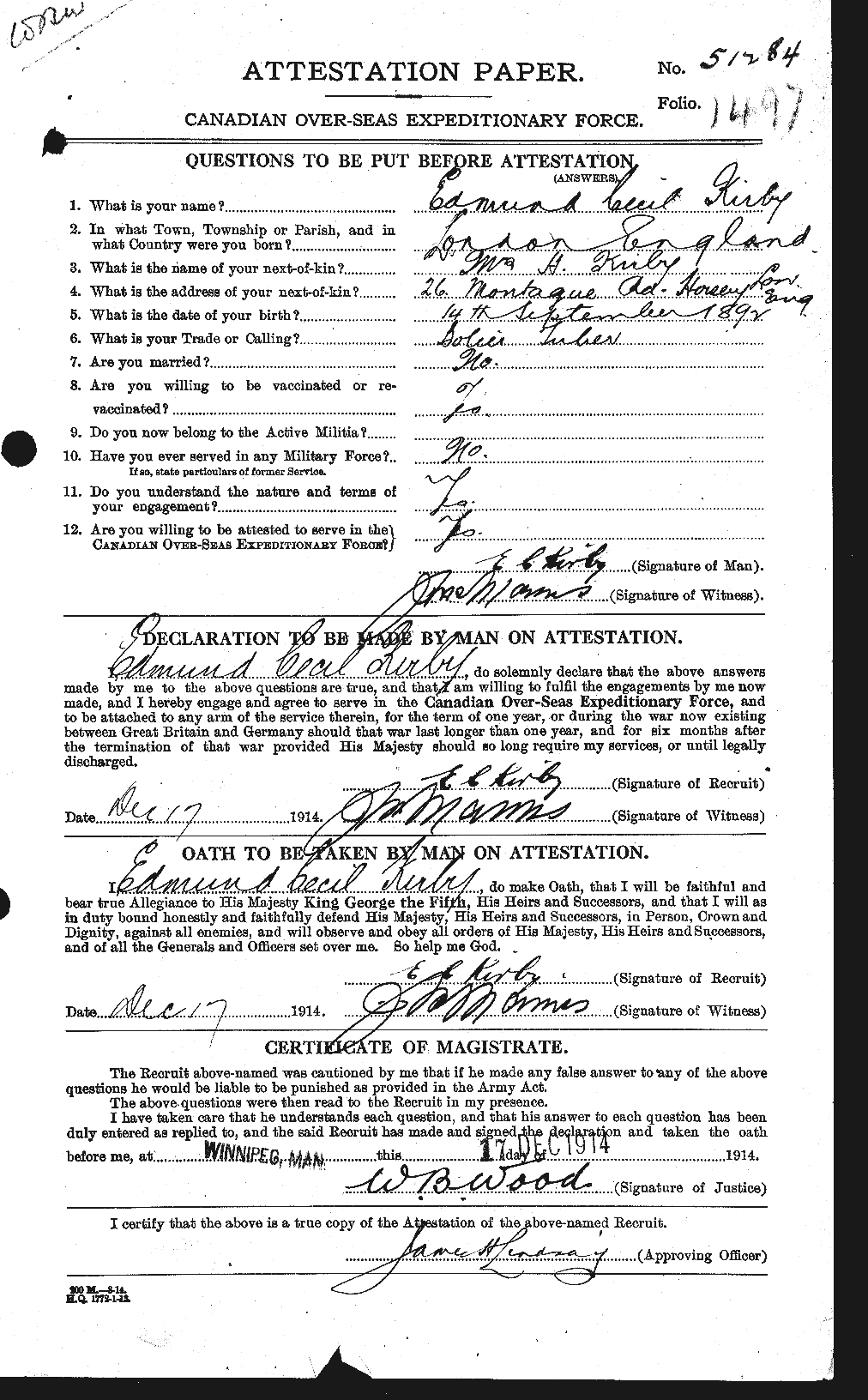 Dossiers du Personnel de la Première Guerre mondiale - CEC 437177a