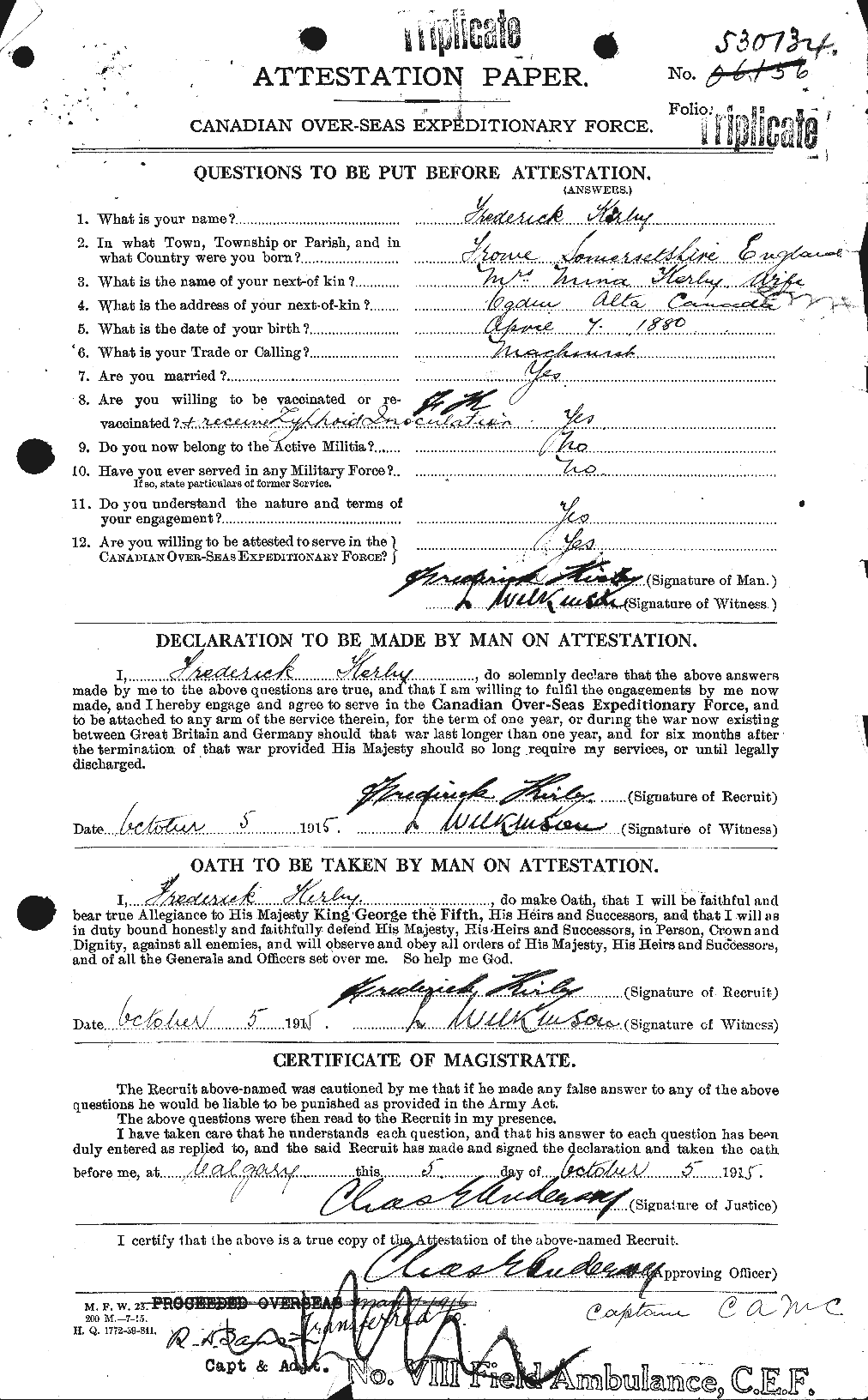 Dossiers du Personnel de la Première Guerre mondiale - CEC 437187a