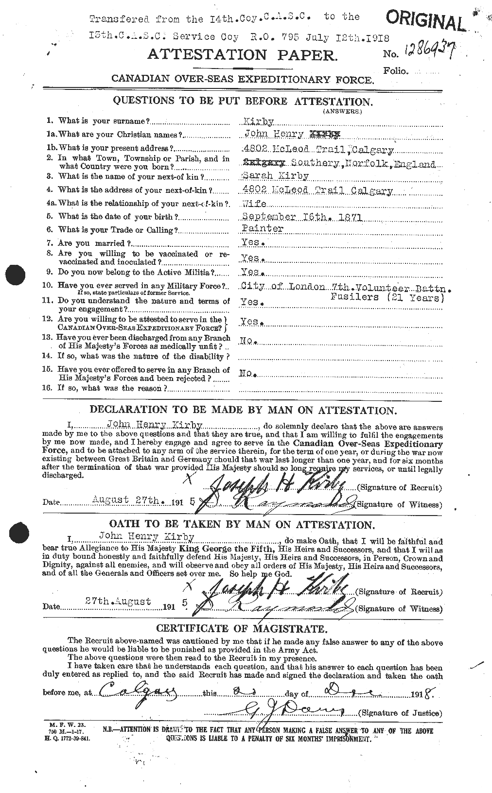 Dossiers du Personnel de la Première Guerre mondiale - CEC 437231a