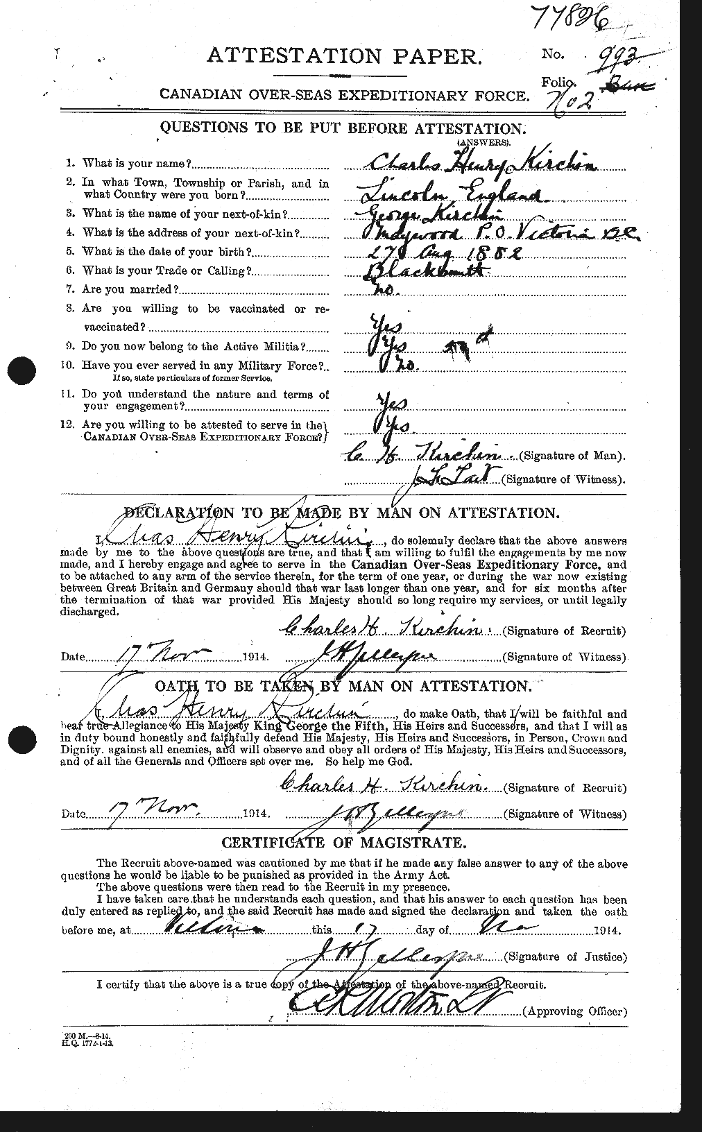 Dossiers du Personnel de la Première Guerre mondiale - CEC 437314a