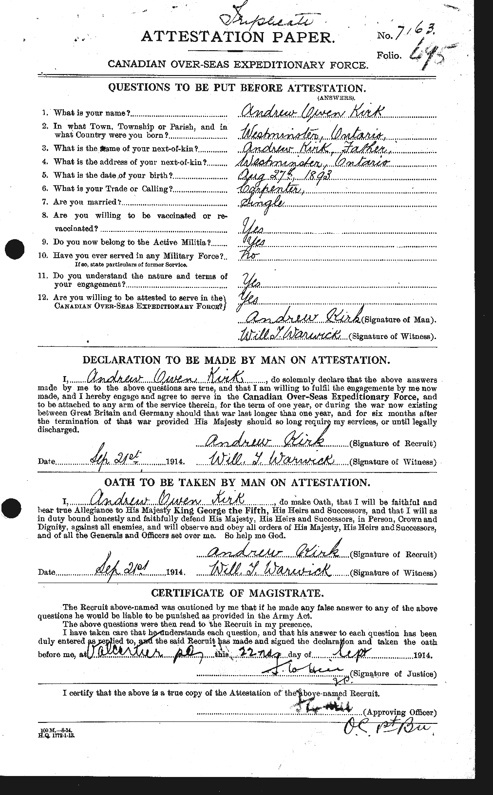 Dossiers du Personnel de la Première Guerre mondiale - CEC 437347a