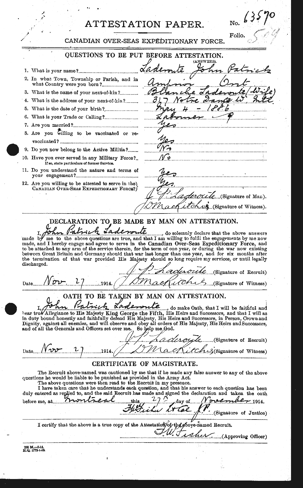 Dossiers du Personnel de la Première Guerre mondiale - CEC 444698a