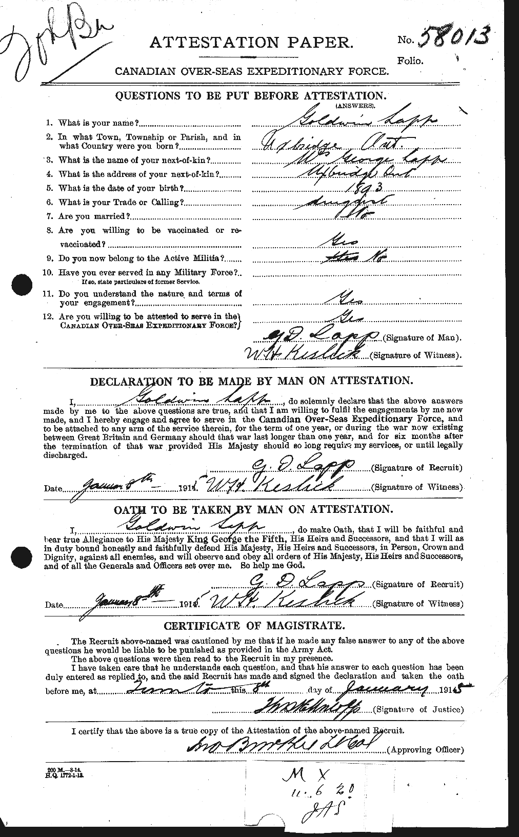 Dossiers du Personnel de la Première Guerre mondiale - CEC 447078a
