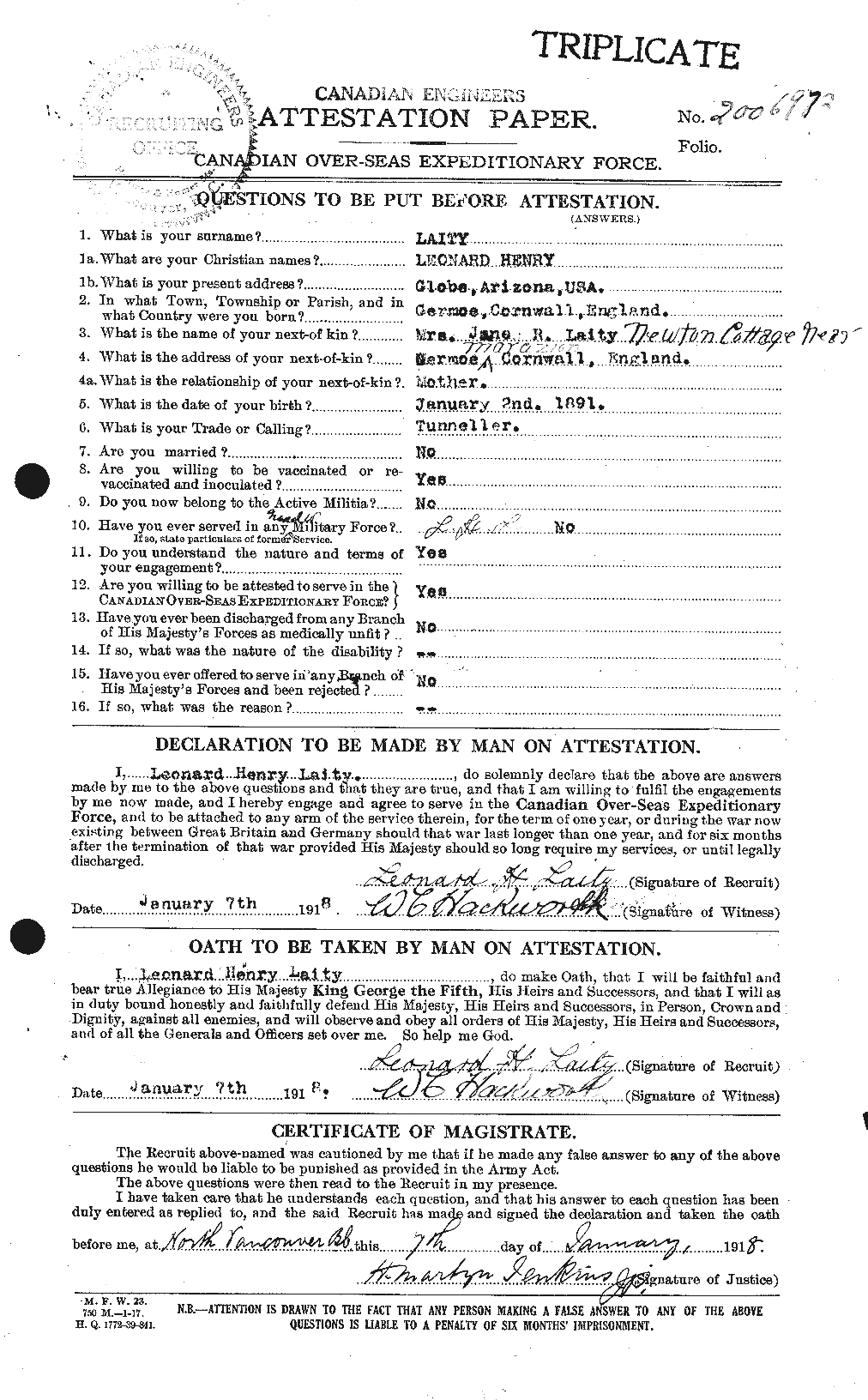 Dossiers du Personnel de la Première Guerre mondiale - CEC 448942a