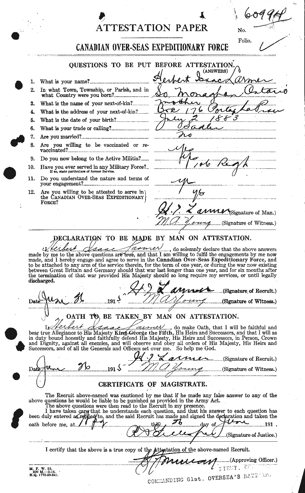 Dossiers du Personnel de la Première Guerre mondiale - CEC 450638a