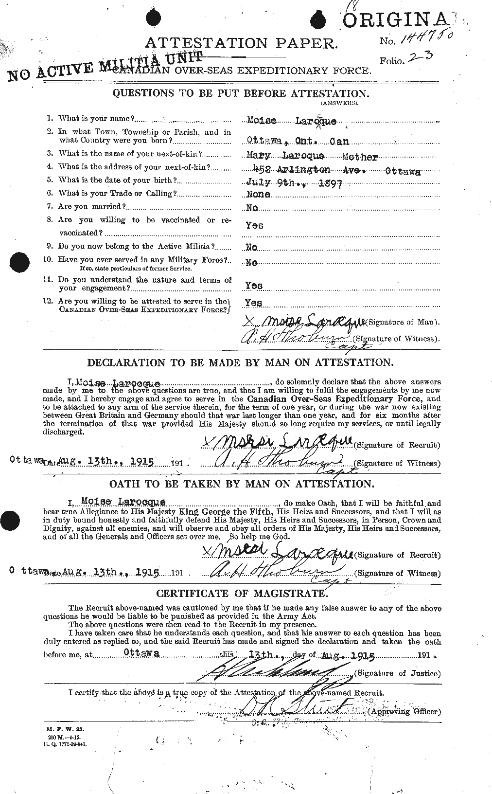 Dossiers du Personnel de la Première Guerre mondiale - CEC 450924a