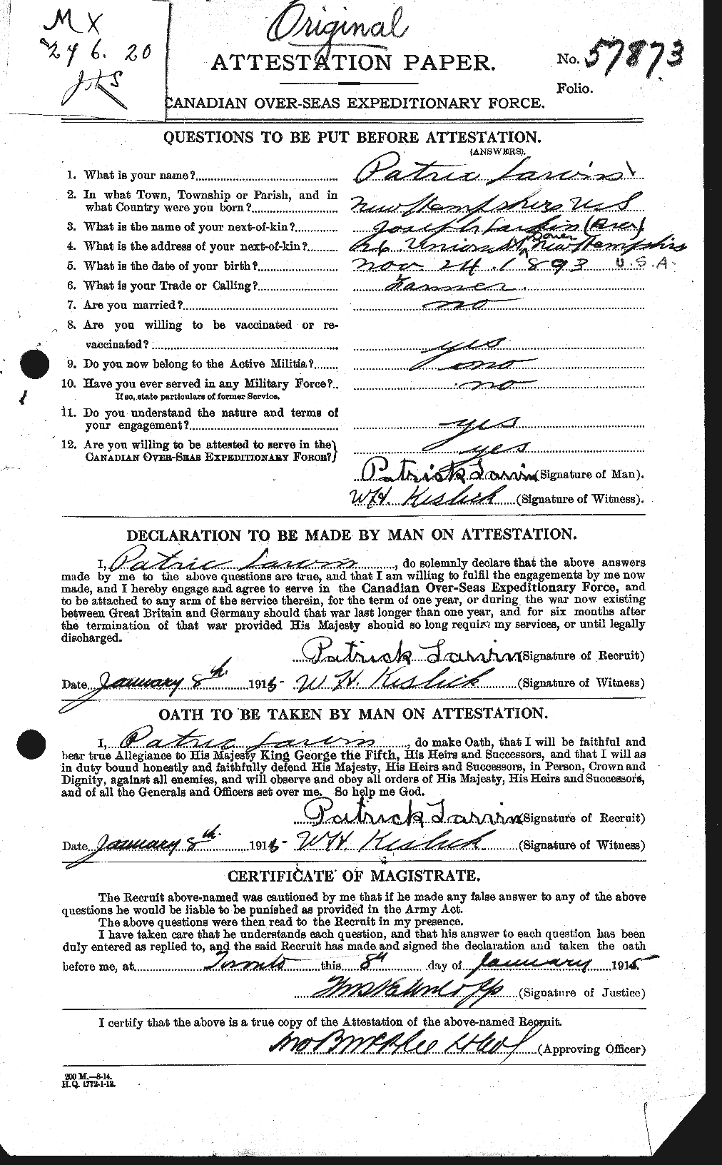 Dossiers du Personnel de la Première Guerre mondiale - CEC 451853a