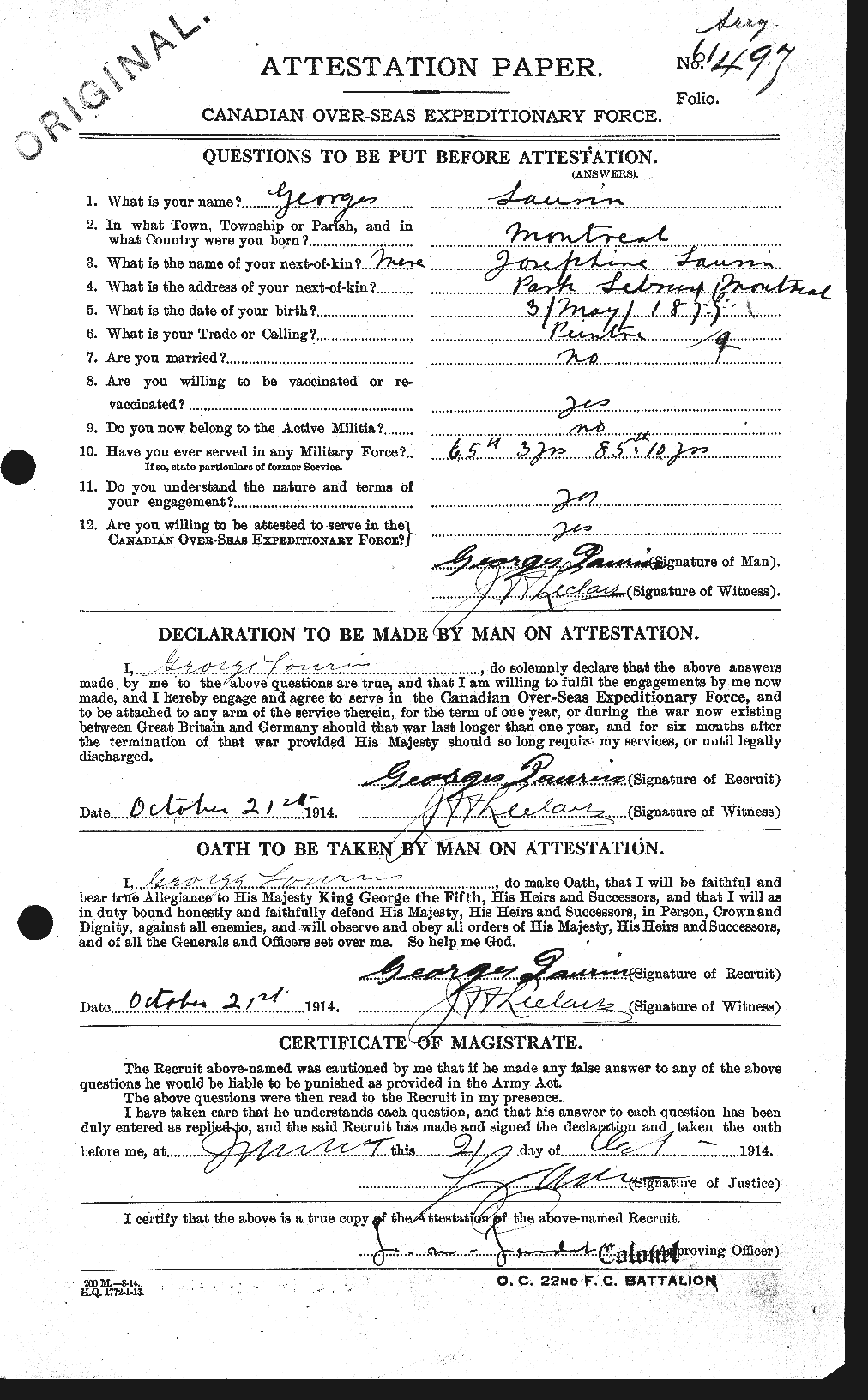 Dossiers du Personnel de la Première Guerre mondiale - CEC 452971a