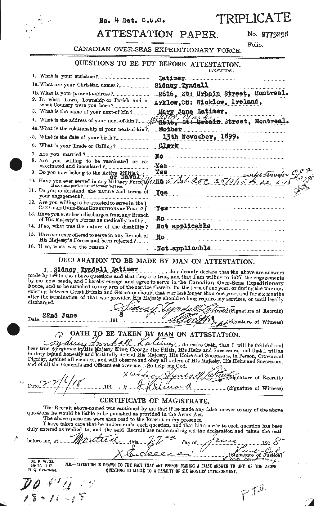 Dossiers du Personnel de la Première Guerre mondiale - CEC 455176a