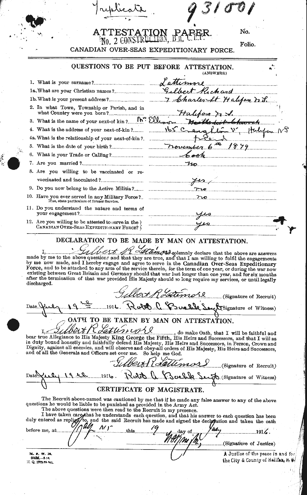 Dossiers du Personnel de la Première Guerre mondiale - CEC 455373a