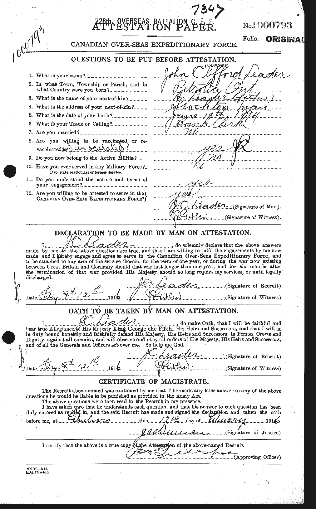 Dossiers du Personnel de la Première Guerre mondiale - CEC 455874a