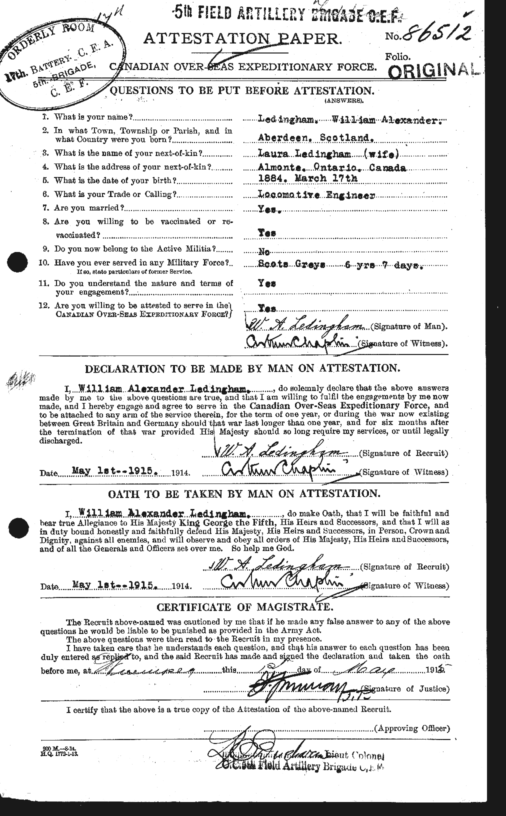 Dossiers du Personnel de la Première Guerre mondiale - CEC 456401a