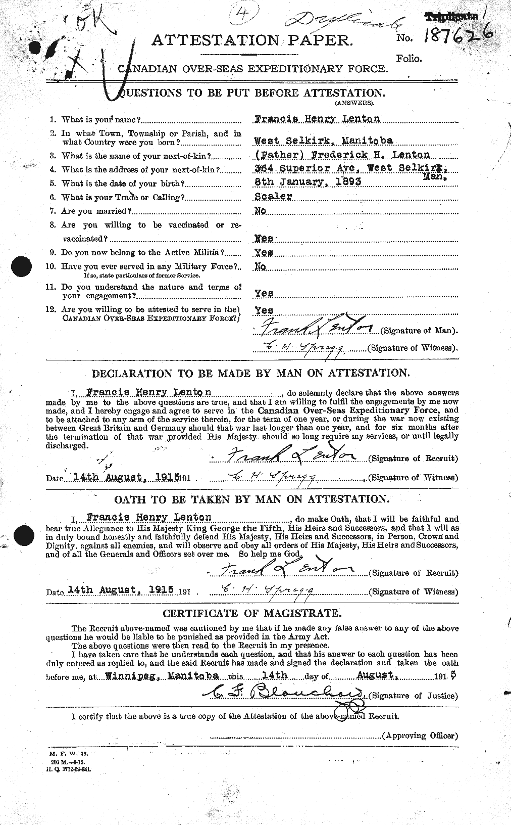 Dossiers du Personnel de la Première Guerre mondiale - CEC 458776a