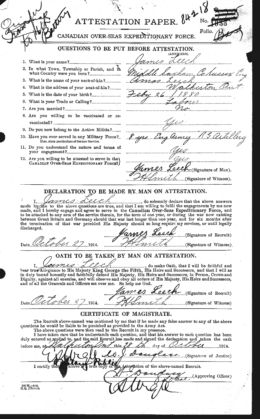 Dossiers du Personnel de la Première Guerre mondiale - CEC 459191a