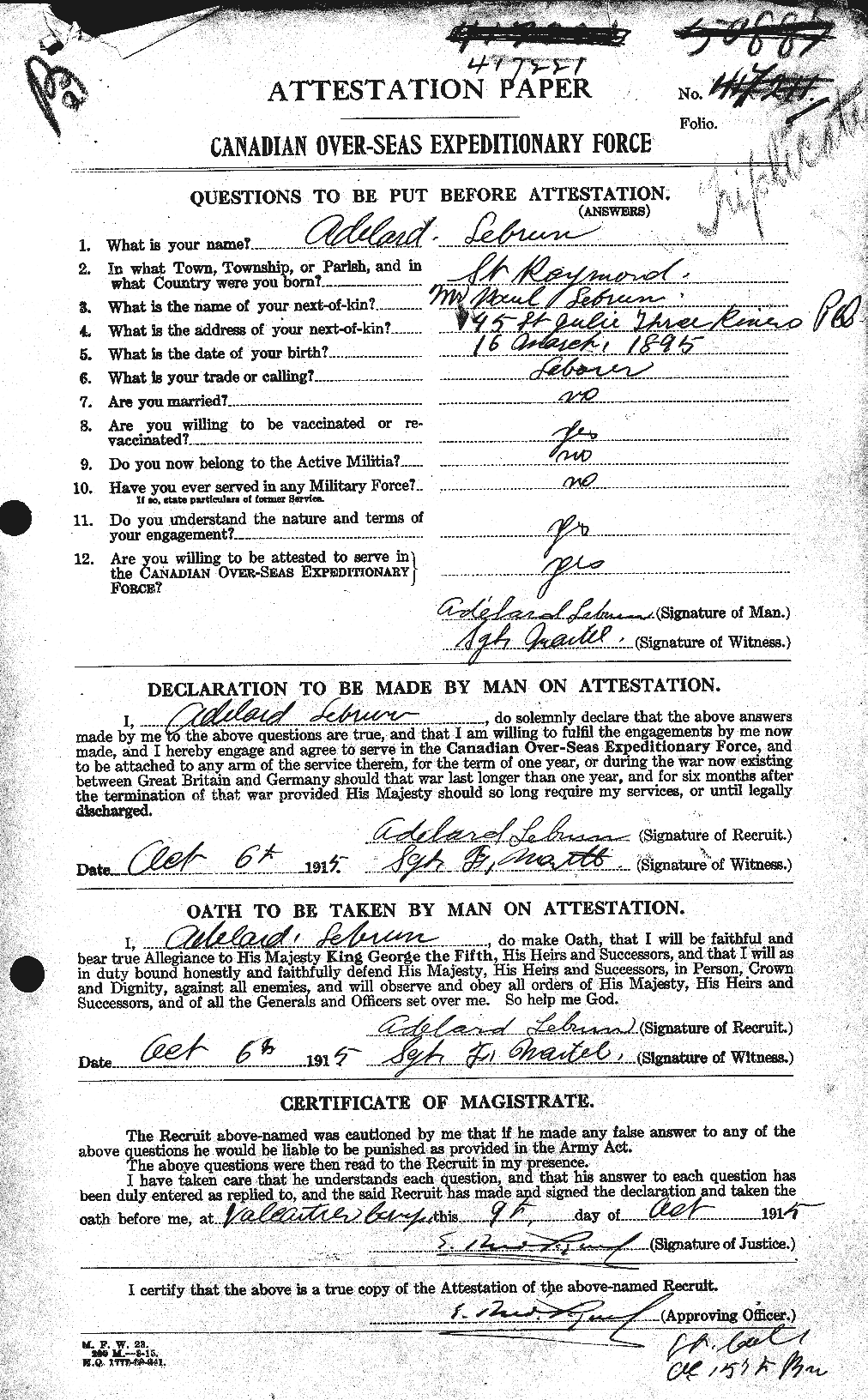 Dossiers du Personnel de la Première Guerre mondiale - CEC 461542a