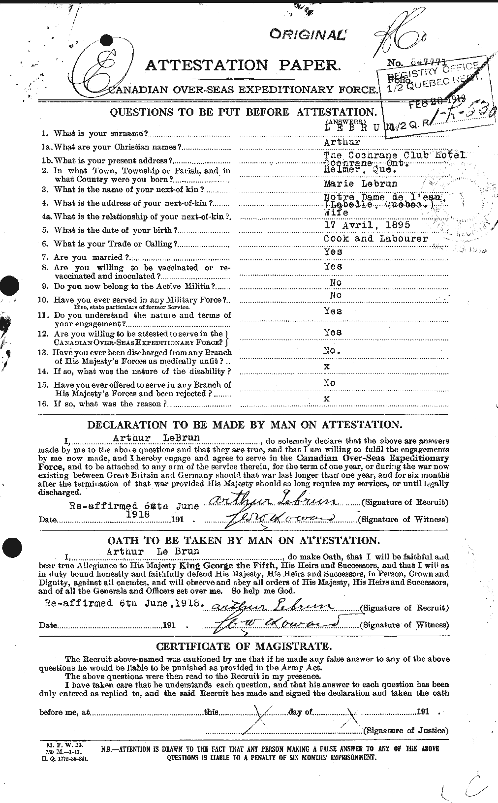 Dossiers du Personnel de la Première Guerre mondiale - CEC 461550a