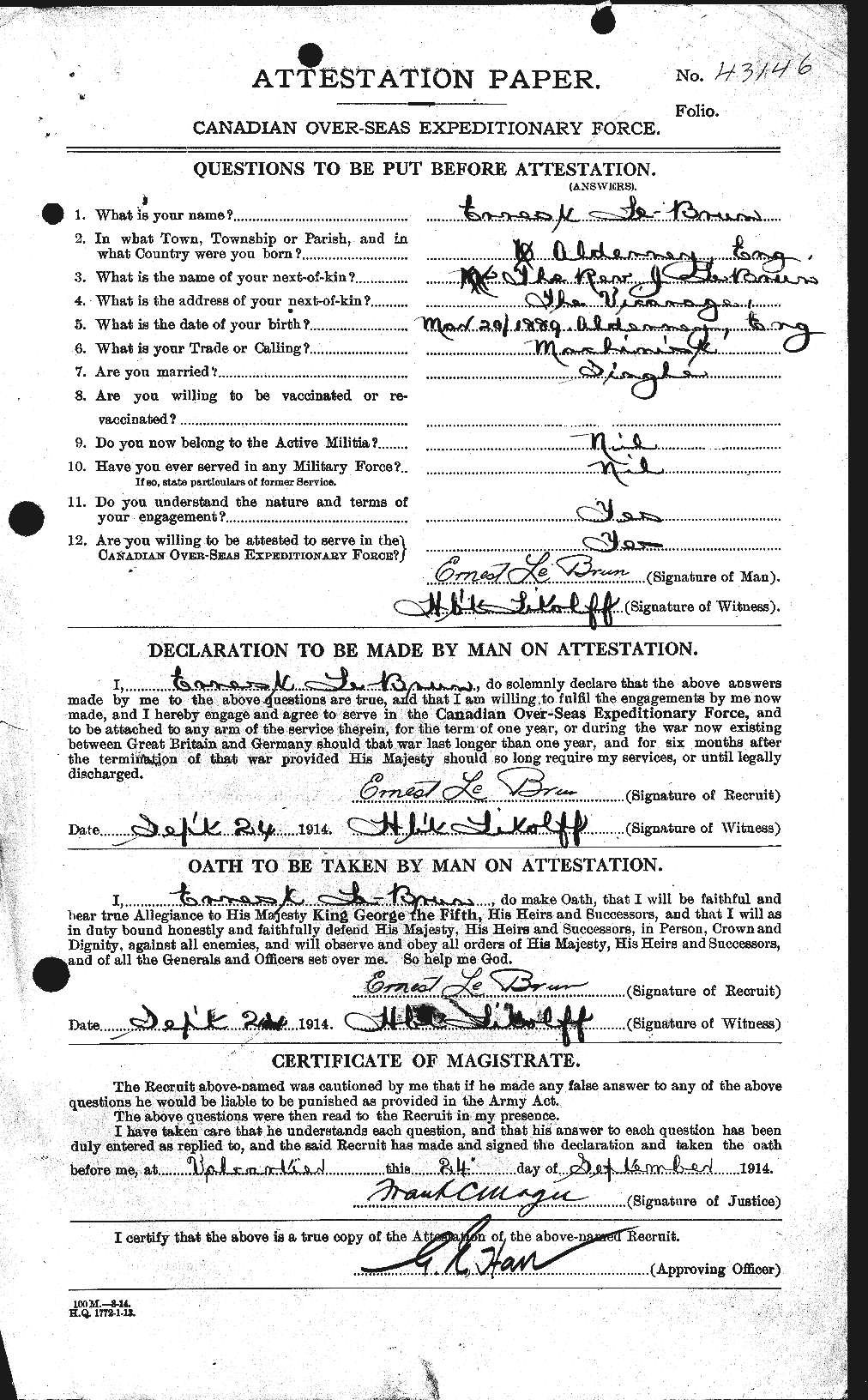 Dossiers du Personnel de la Première Guerre mondiale - CEC 461556a