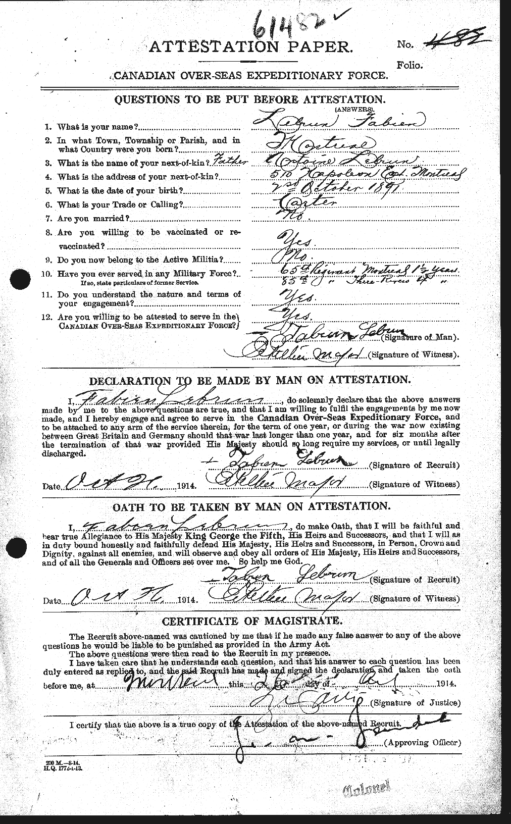 Dossiers du Personnel de la Première Guerre mondiale - CEC 461558a