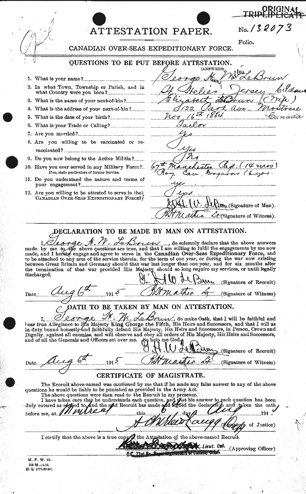 Dossiers du Personnel de la Première Guerre mondiale - CEC 461562a
