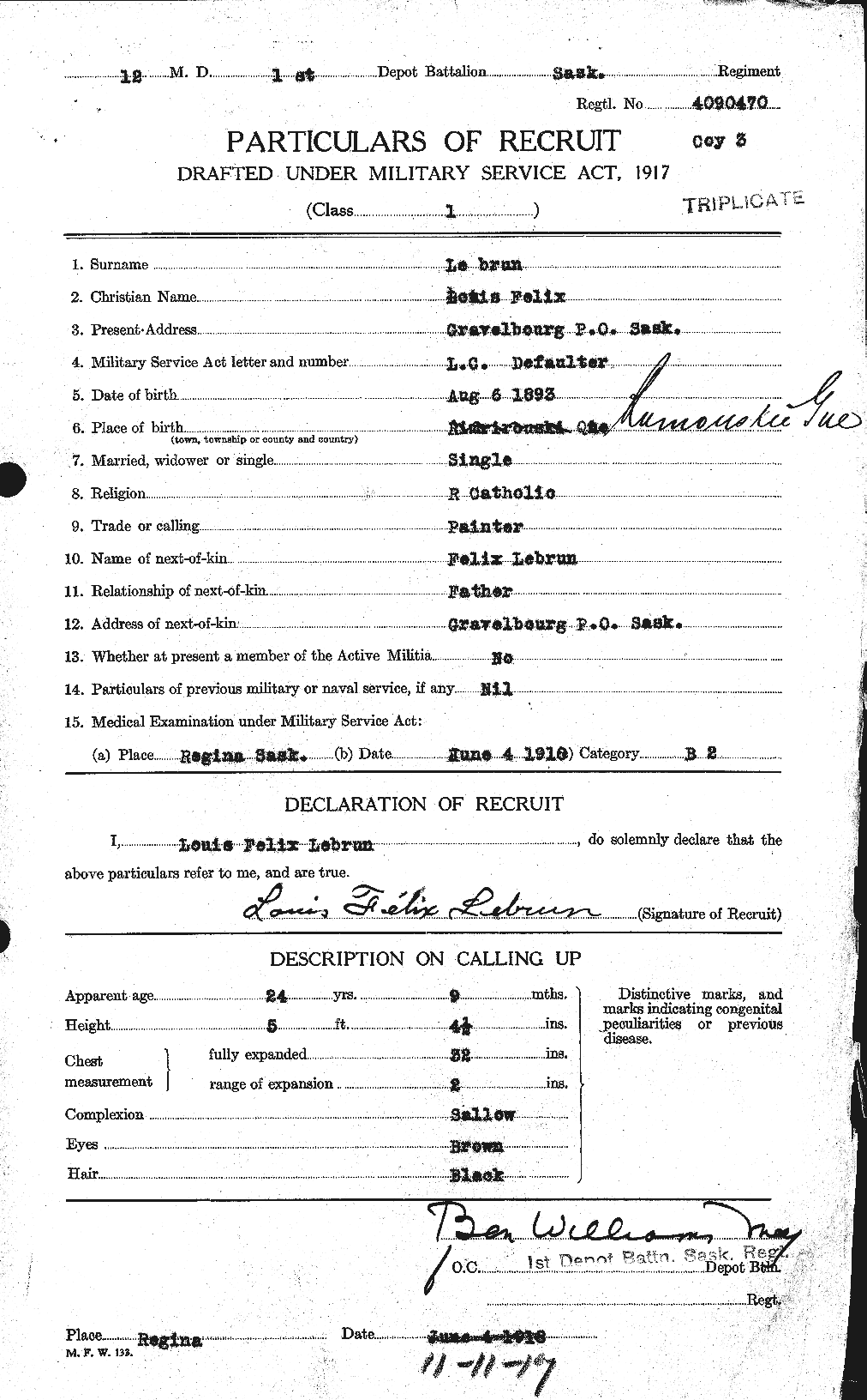 Dossiers du Personnel de la Première Guerre mondiale - CEC 461580a