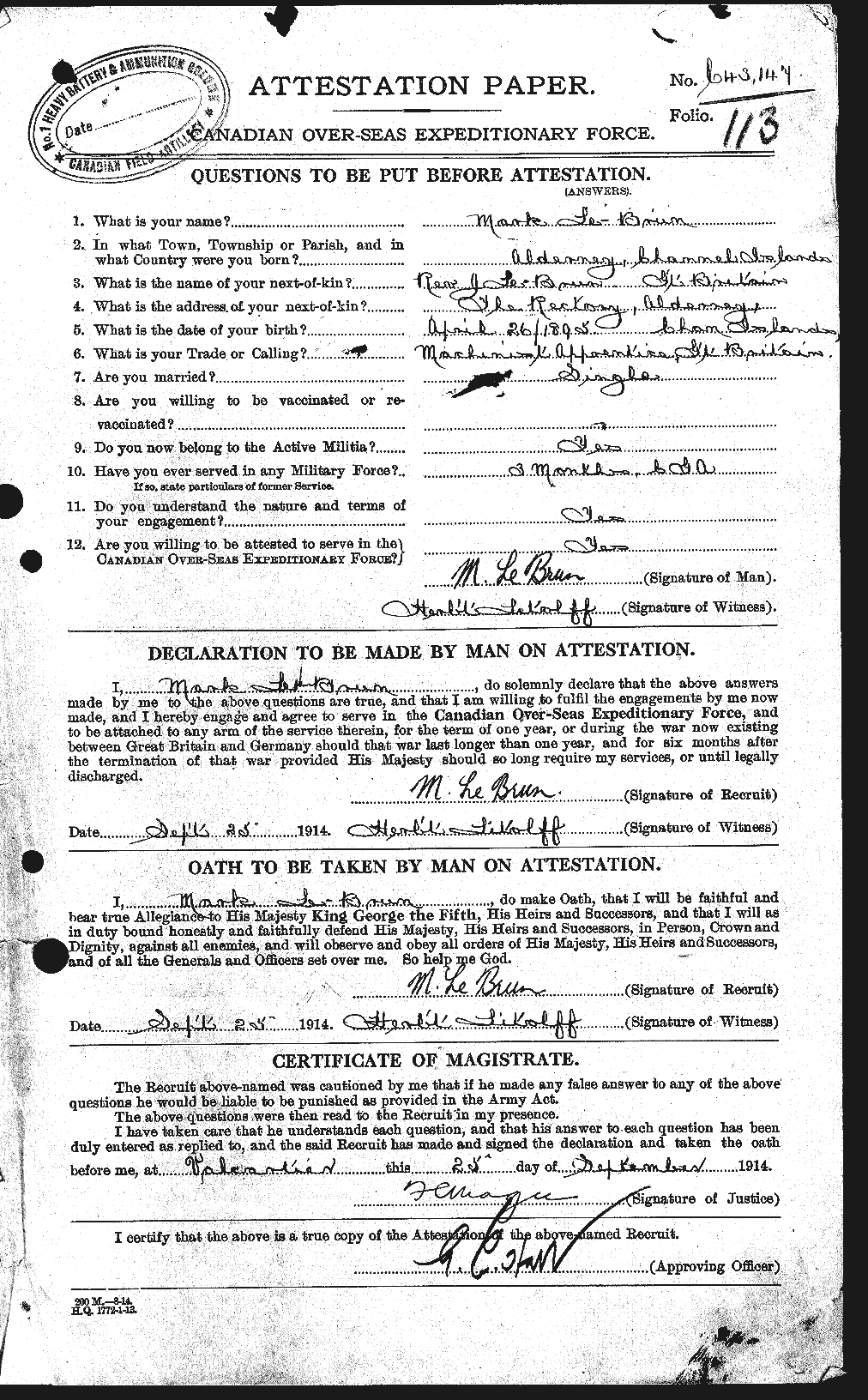 Dossiers du Personnel de la Première Guerre mondiale - CEC 461581a