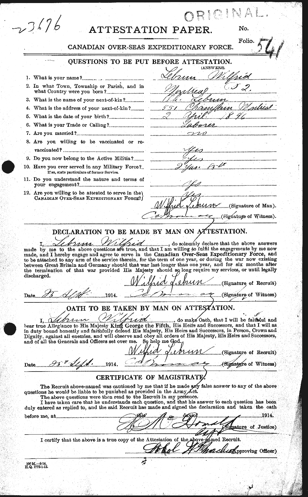 Dossiers du Personnel de la Première Guerre mondiale - CEC 461593a